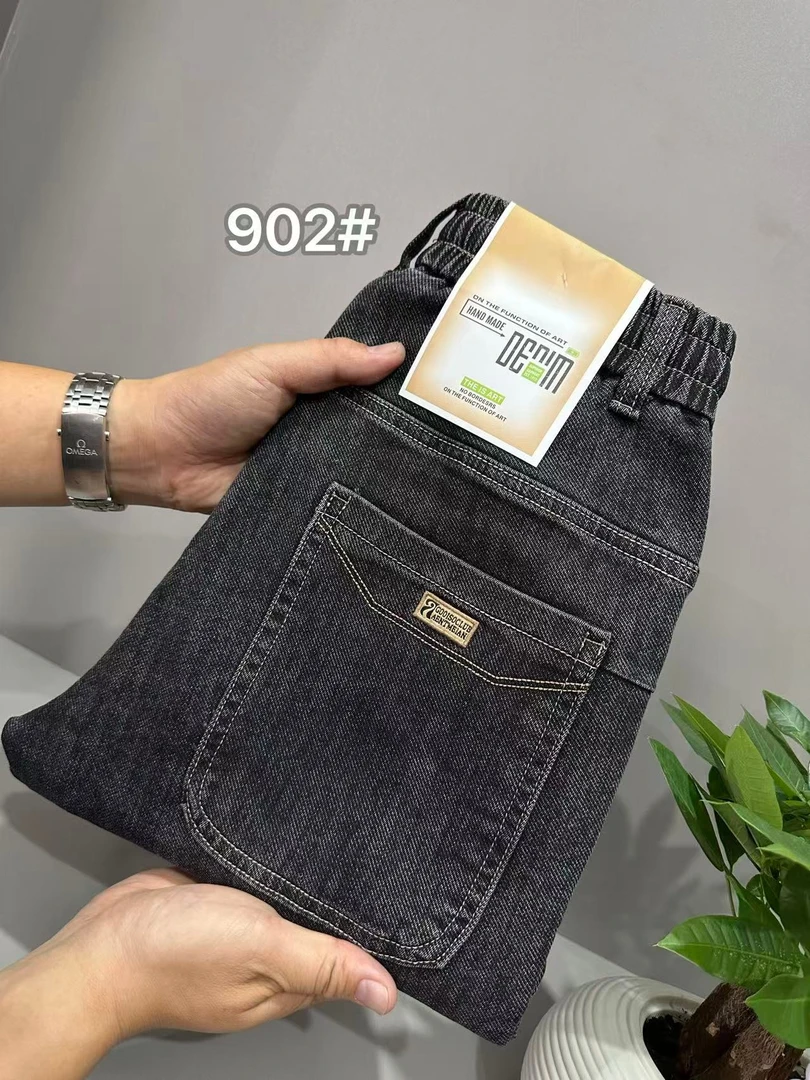 【杰克森2】秋冬厚款修身百搭小直筒弹力抽绳松紧腰男士牛仔裤