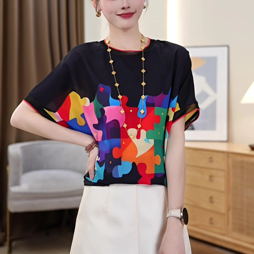 夏季小众时尚圆领小衫薄款花色透气减龄气质宽松显瘦百搭印花上衣