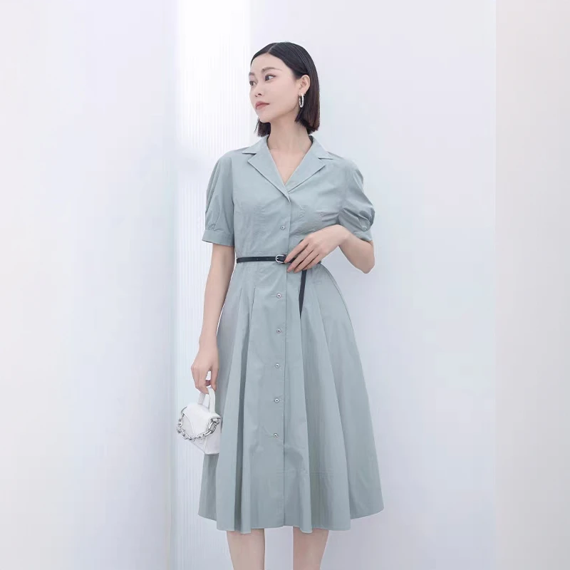 诗梦薄荷绿色显瘦茶歇裙V字翻领收腰A字摆棉连衣裙SGG2BC207