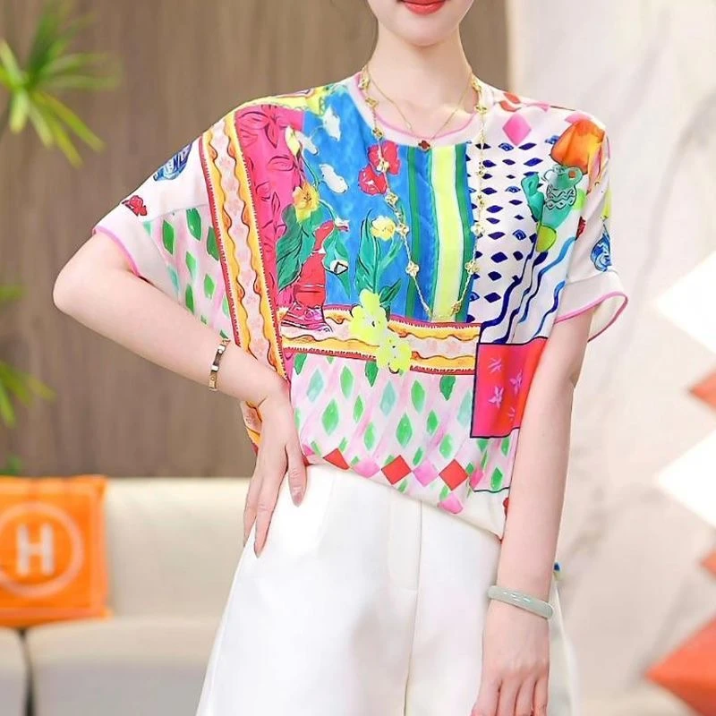 2025洋气短袖t恤印花女春夏季新款宽松遮肚短袖小衫高端显瘦上衣