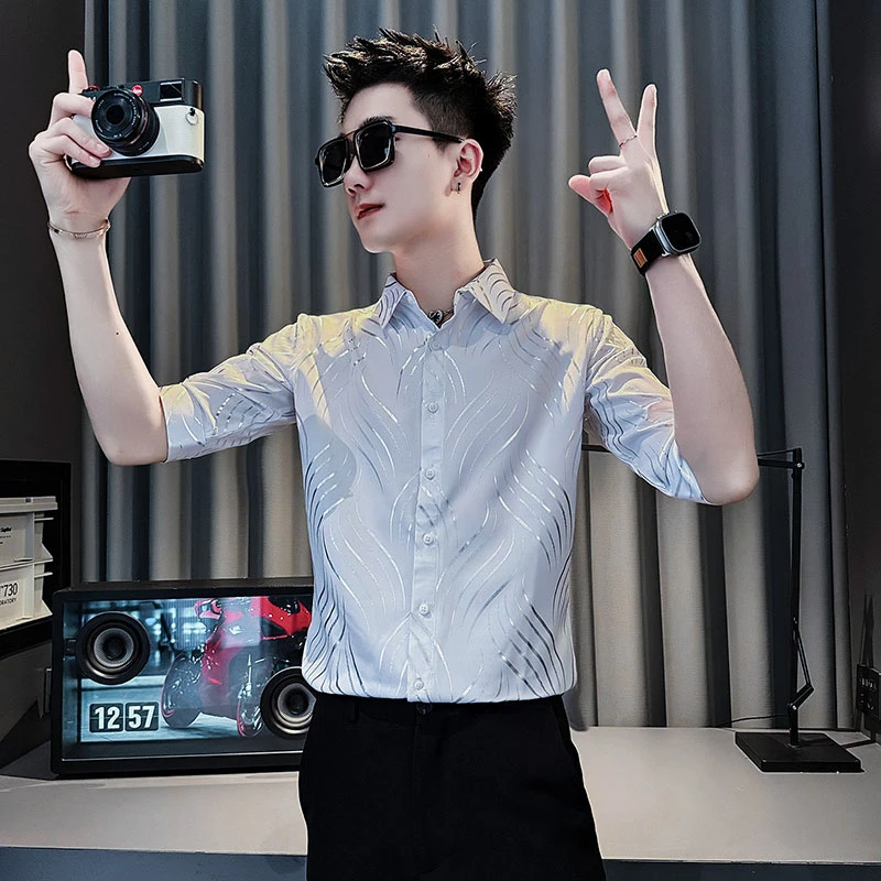白衬衫男士短袖夏季爆款2025新款高级感潮牌痞帅韩版修身半袖衬衣