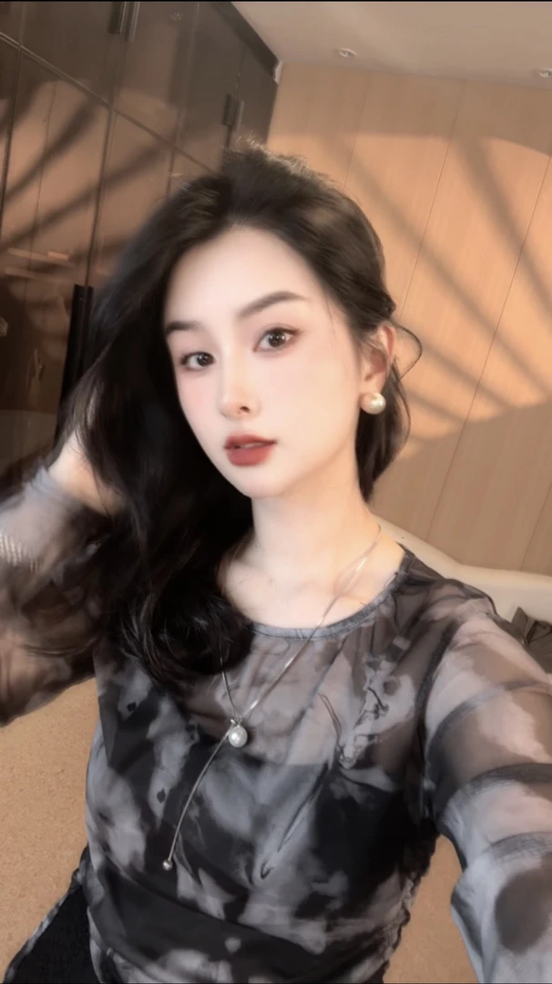 复古小众设计感扎染网纱抽绳圆领上衣夏新款修身长袖雪纺衫5274