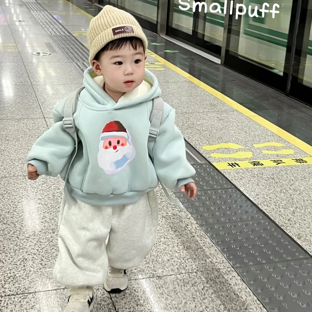 小泡芙家圣诞老人加绒卫衣帽衫两件套 加厚 保暖 洋气 舒适