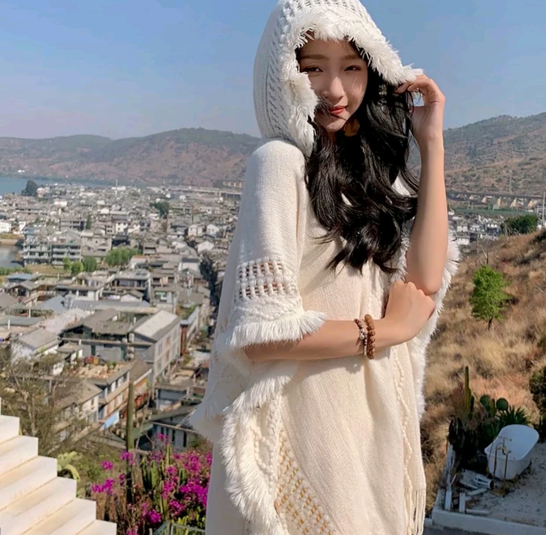 cq108大理丽江斗篷波西米亚流苏针织连帽披肩春夏套头