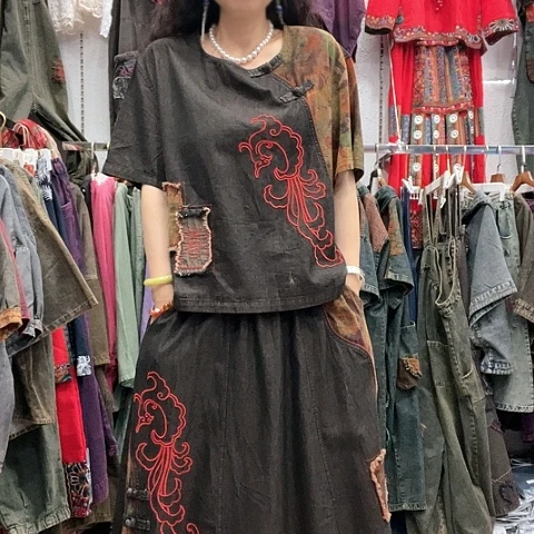 刺绣招财猫牛仔复古套装