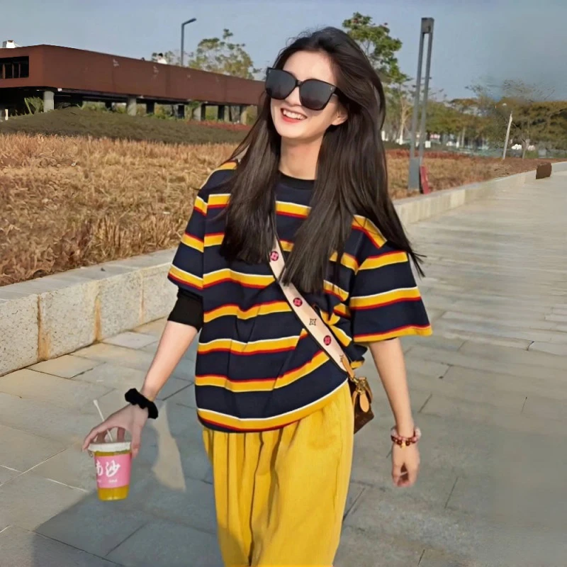 【帝韵】短袖T恤洋气衣服女时尚休闲条纹设计感拼色圆领ins气质上衣