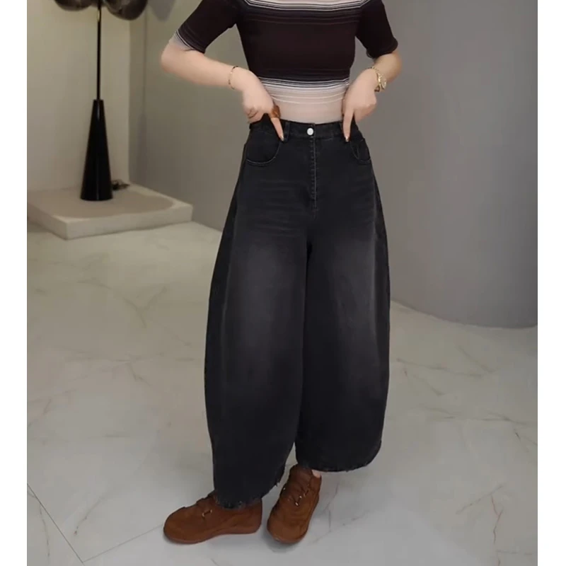 牛仔裤女士2025年早秋新款爆款裤子显瘦九分裤高腰弯刀阔腿裤黑色