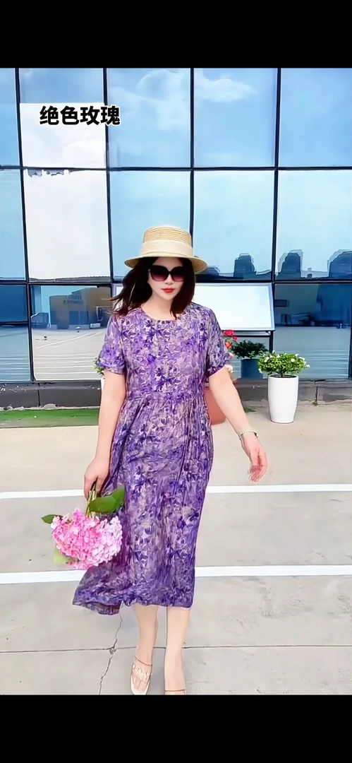 夏季中长款印花短袖时尚显瘦优雅减龄连衣裙