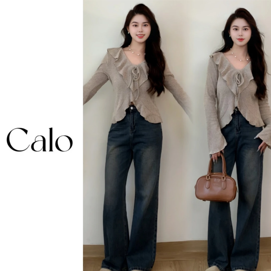 2025早秋新款系带法式小衫胖mm显瘦宽松长袖上衣微喇牛仔裤套装女