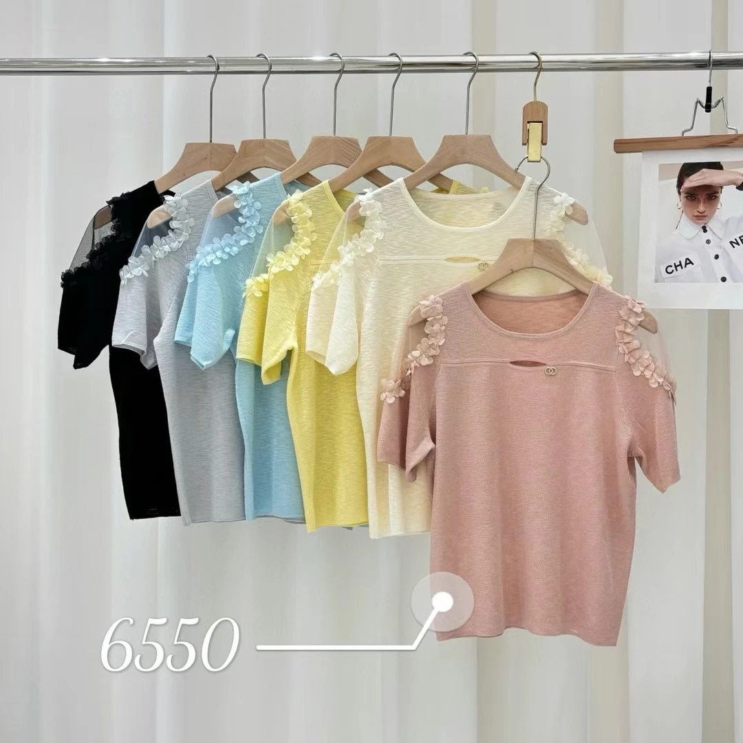 薇莎623【现货】80-140斤花朵网袖圆领短袖T