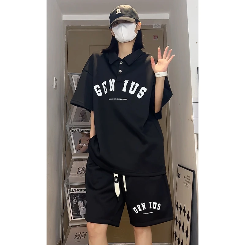 军格夏季美式潮牌印花polo衫男款套装翻领上衣男士短袖T恤休闲