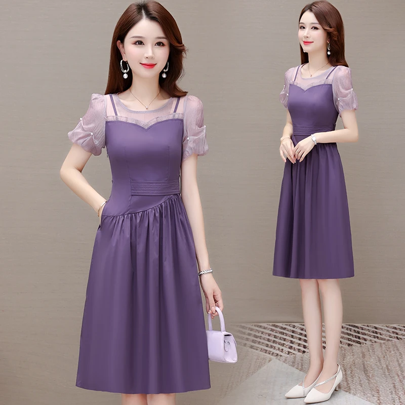 夏季洋气时尚短袖连衣裙女高贵优雅气质中长裙收腰显瘦中长款裙子