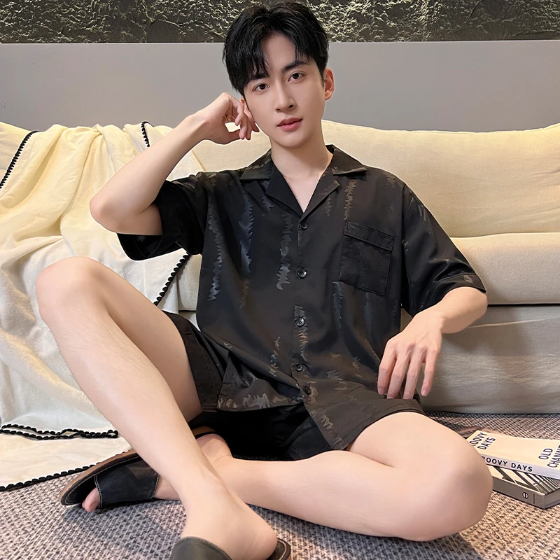 2025新款夏季睡衣冰丝空调服男士短袖宽松薄款大码家居服套装潮流
