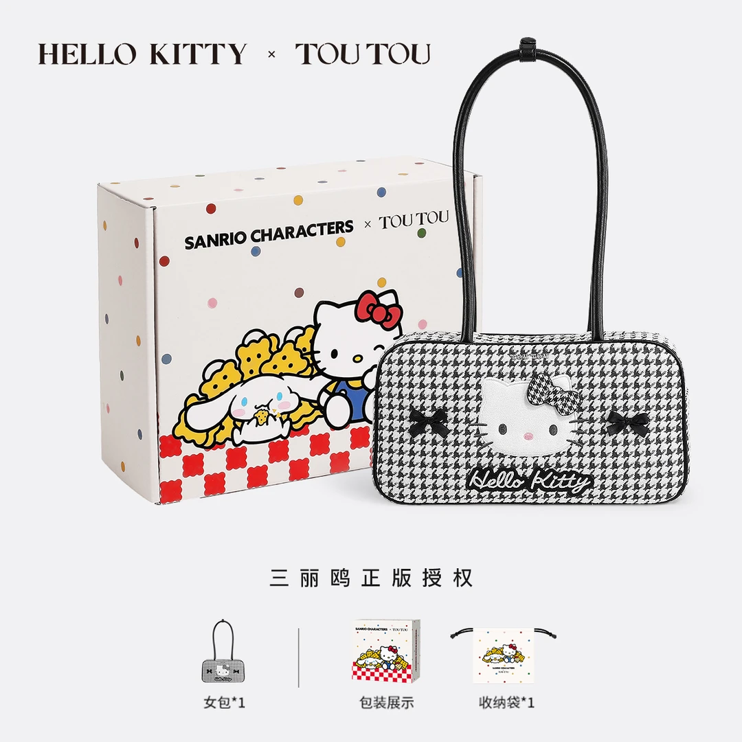 TOUTOU x HELLO KITTY凯蒂猫千鸟格波士顿包单肩包女