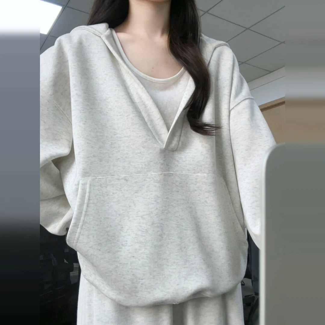 美式复古灰色v领连帽卫衣女春秋2025新款爆款宽松慵懒风外套上衣