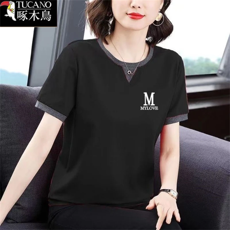 啄木鸟正品夏季印花短袖T恤2025年新款圆领洋气高级感减龄上衣女
