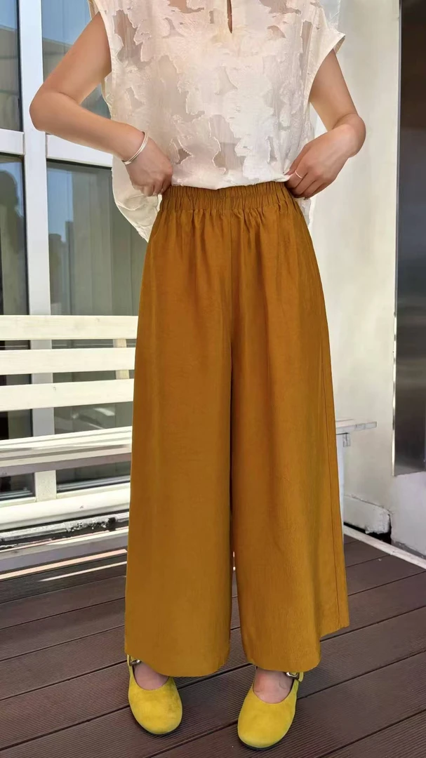 醋酸八分裤夏季松紧高腰休闲裤休闲阔腿裤甜辣风