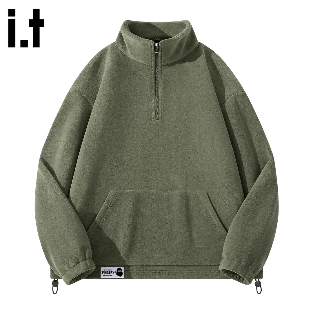 it FINGERCROXX立领外套男秋冬季双面摇粒绒套头衫宽松半拉链卫衣