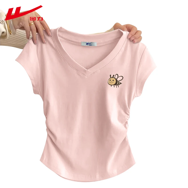 回力夏季夏装棉短袖T恤女修身短款辣妹多巴胺嘻哈穿搭V领打底衫