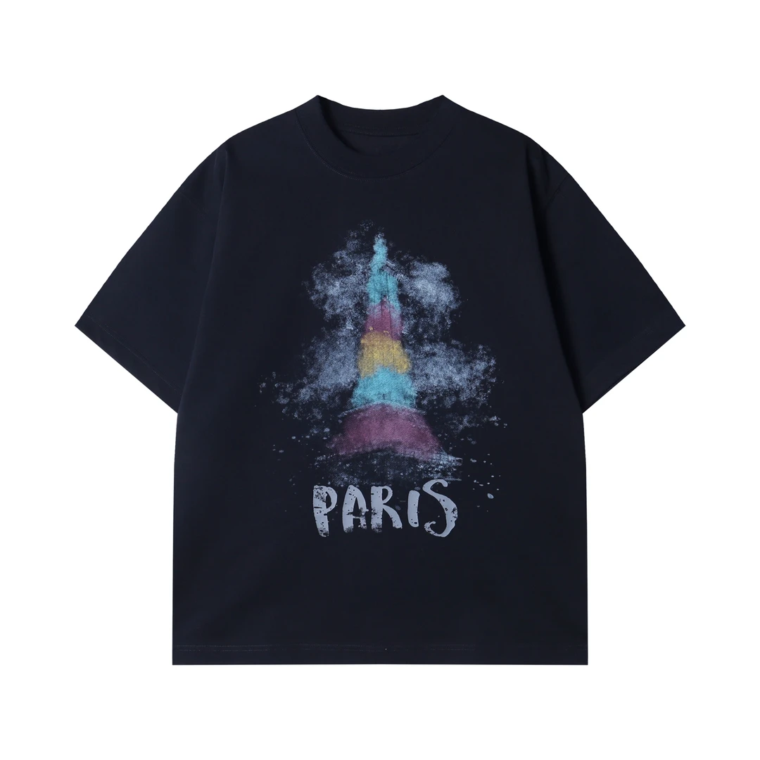 夏季新款时尚潮牌埃菲尔铁塔模糊图案手绘涂鸦彩色字母短袖T恤