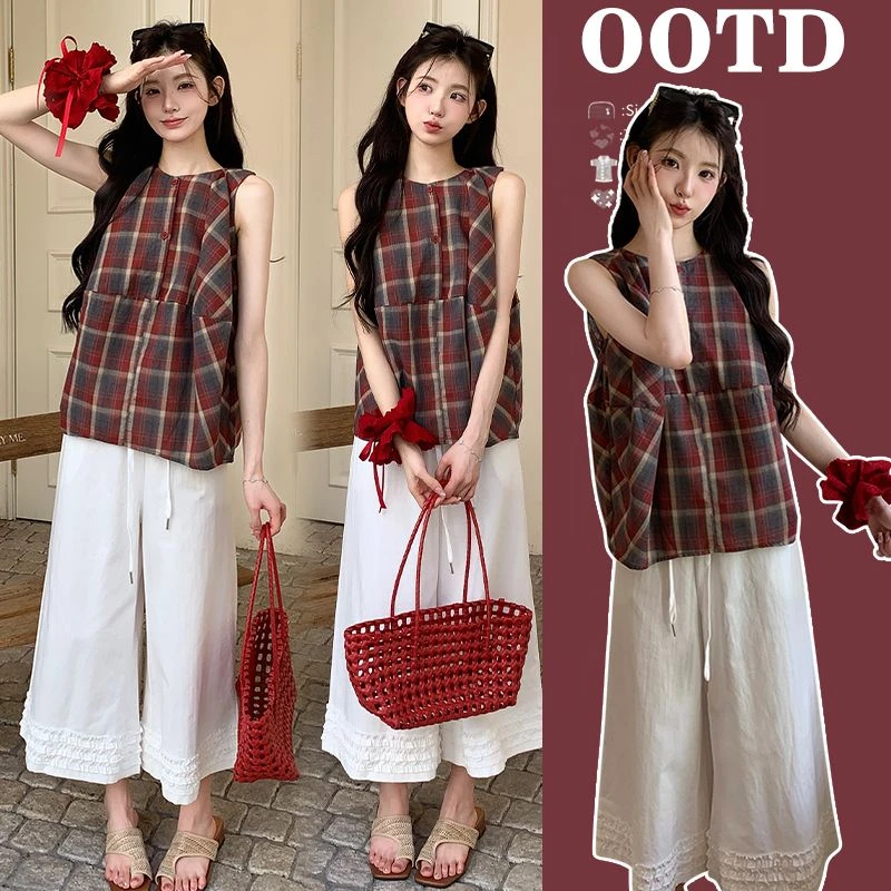 【晚媛若】2025夏季新款孕妇韩版时尚洋气格子背心上衣阔腿裤套装