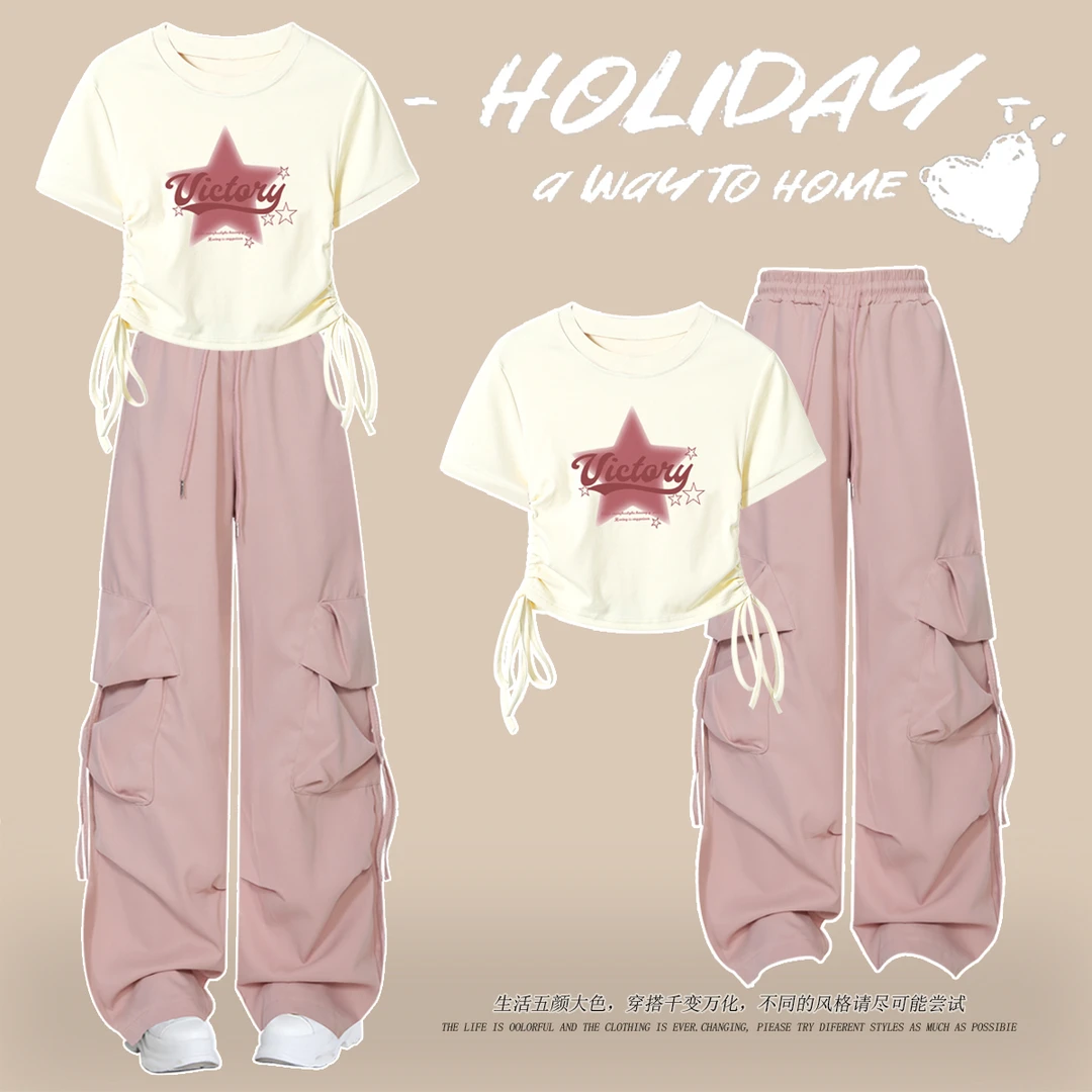 中大童女夏季套装少女炸街潮酷抽绳短袖初中学生运动工装裤两件套