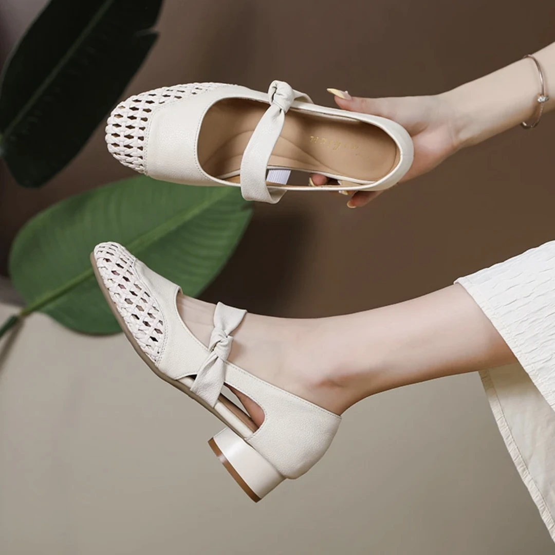 法式编织镂空真皮单鞋2025夏季方头气质舒适透气女鞋时尚百搭6915