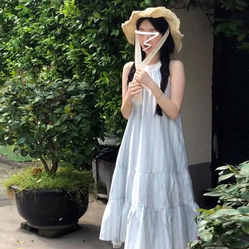 蓝色挂脖吊带连衣裙子女夏季2024法式气质初恋甜美超好看长裙2364