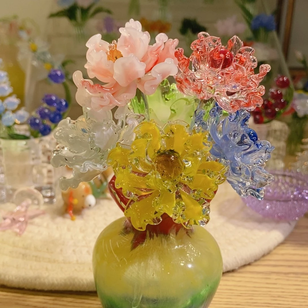 琉璃一套牡丹花摆件