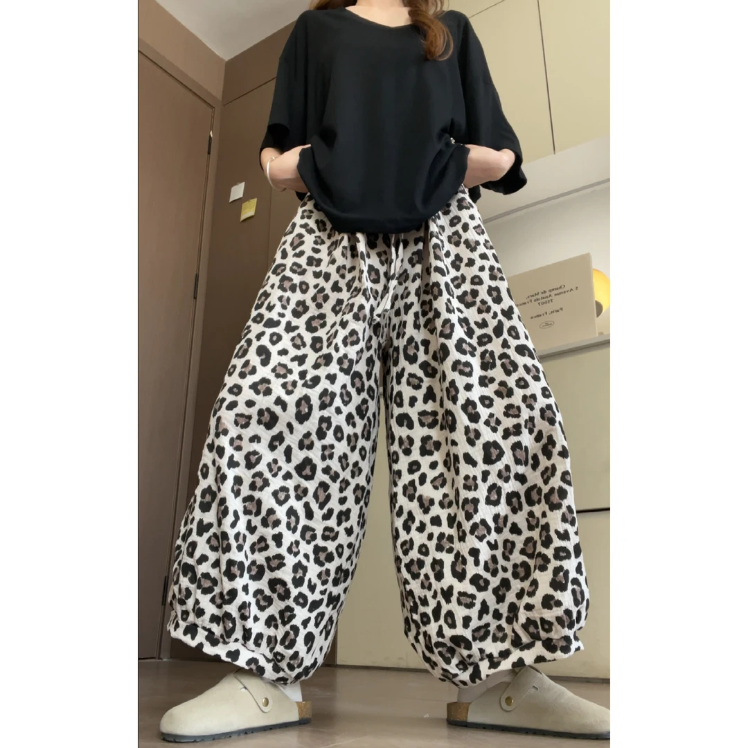 鑫鑫同学美式豹纹灯笼裤女夏季新款高腰直筒显瘦设计感直筒阔腿裤