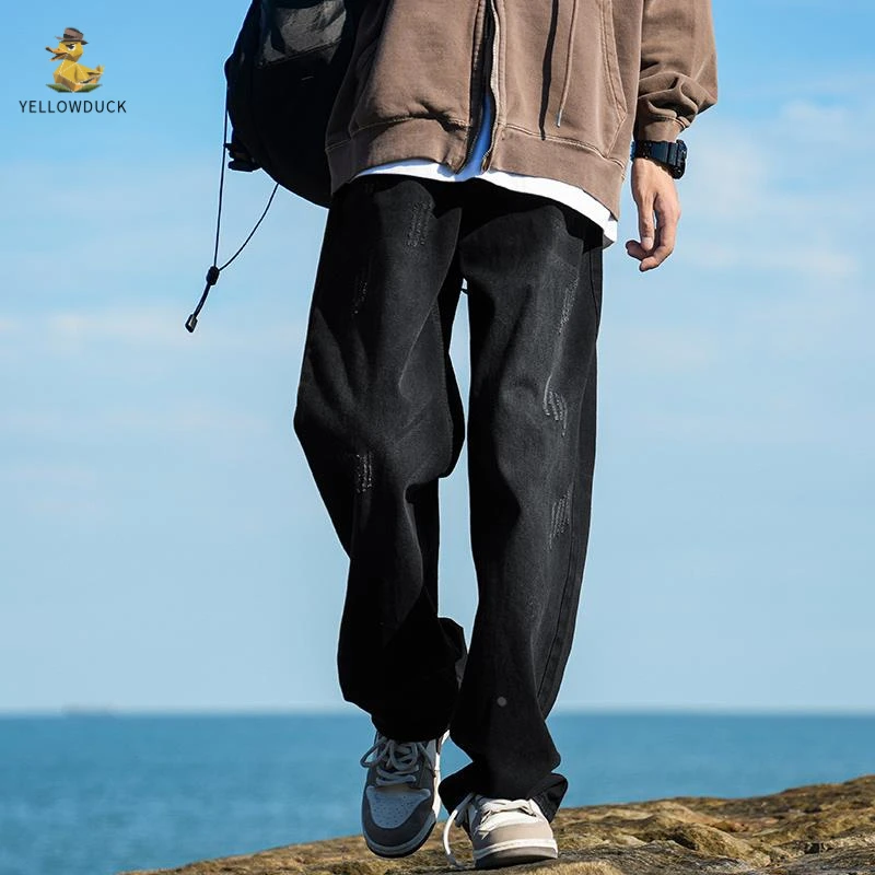 美式高街做旧黑色牛仔裤男春秋夏季新款宽松直筒阔腿男款休闲裤子