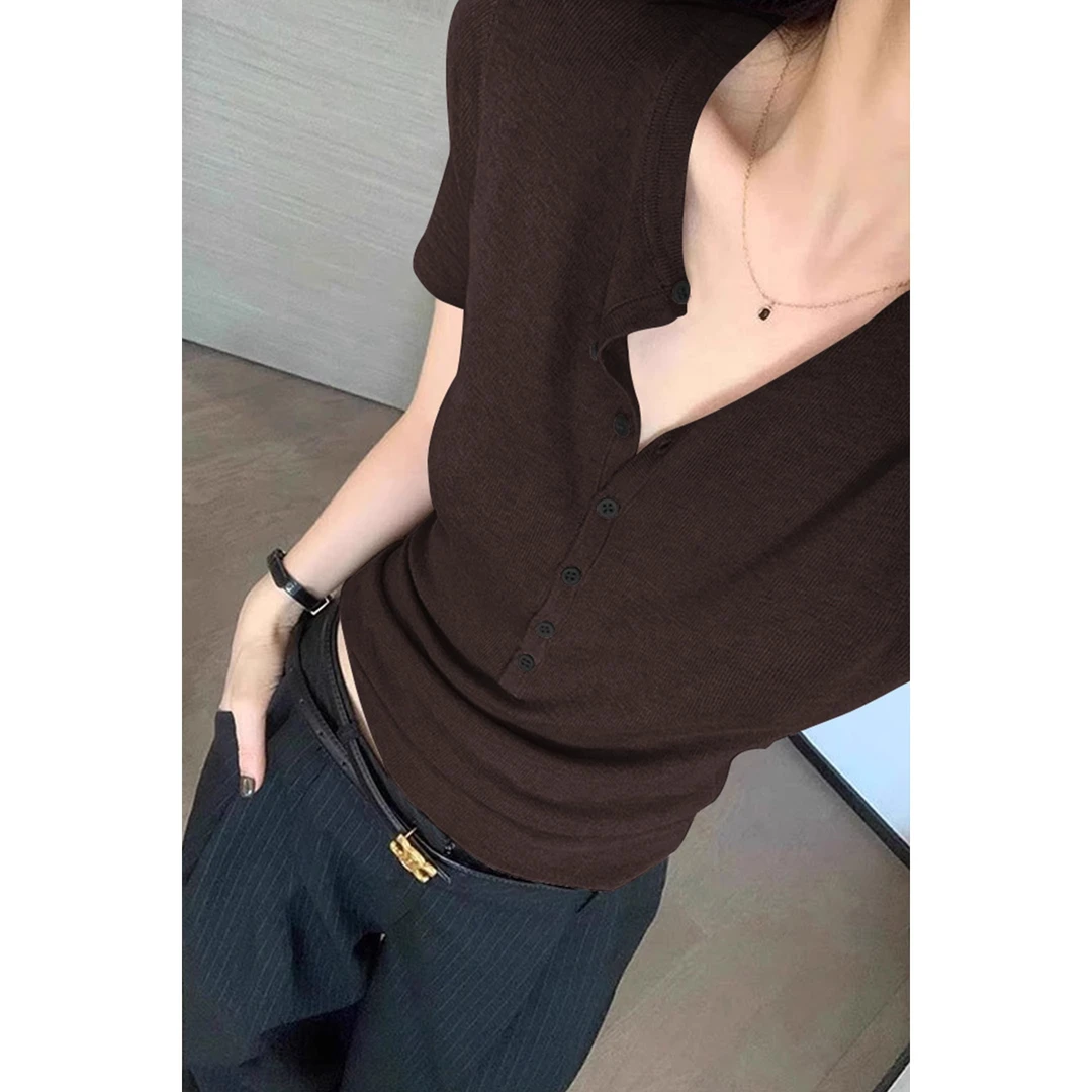 咖色半开领修身正肩短袖t恤女夏季复古显瘦短款冰丝薄款针织上衣