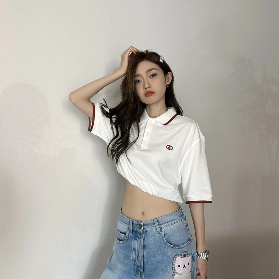 99新 GUCCI/古驰 ipp06/白色刺绣logo短袖POLO衫 棉 L码