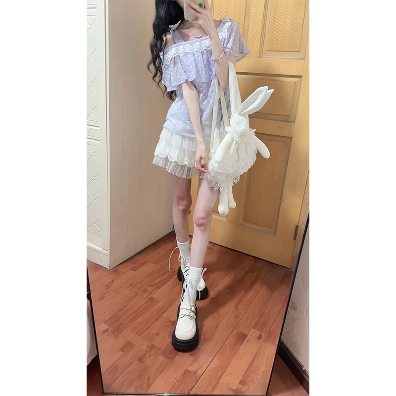 韩系甜美套装女夏季蕾丝镂空斜肩百搭气质上衣高腰百褶蛋糕半身裙