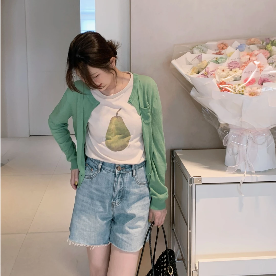 漫姐的店【顺顺梨梨】夏季新款韩版百搭小青梨圆领短款显瘦印花T恤