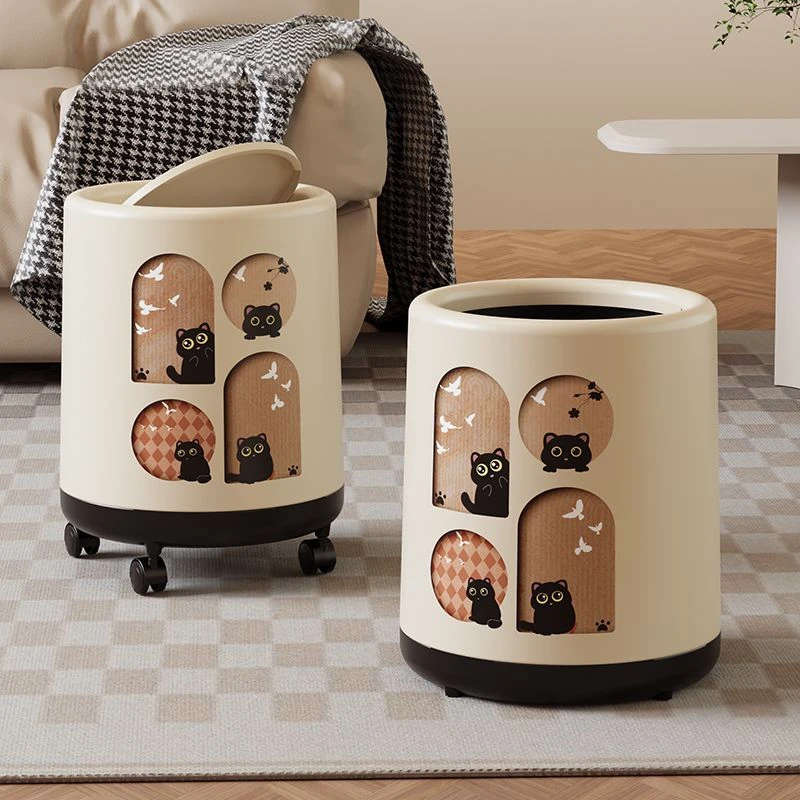 垃圾桶家用古风新款厨房高颜值客厅卡通卧室大容量带盖可爱滑轮