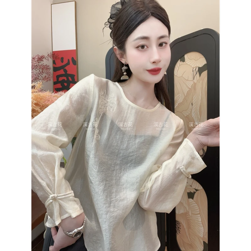 【北梦】夏季气质新款刺绣显瘦新中式长袖上衣女日常简约圆领