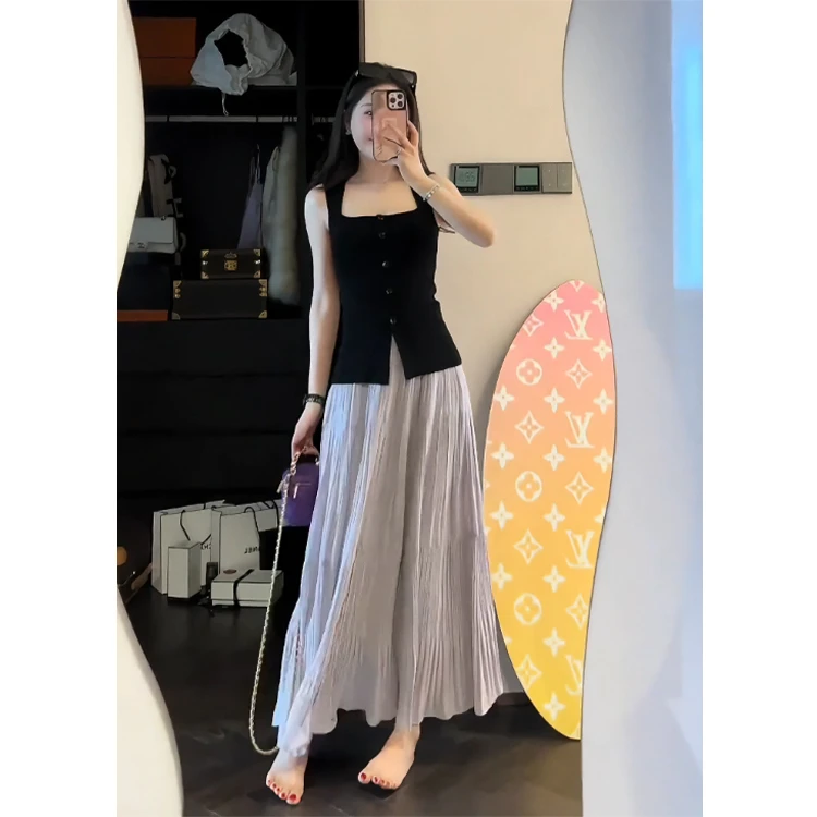 2025夏季新款法式高级感收腰方领无袖上衣气质高腰褶皱A字半身裙