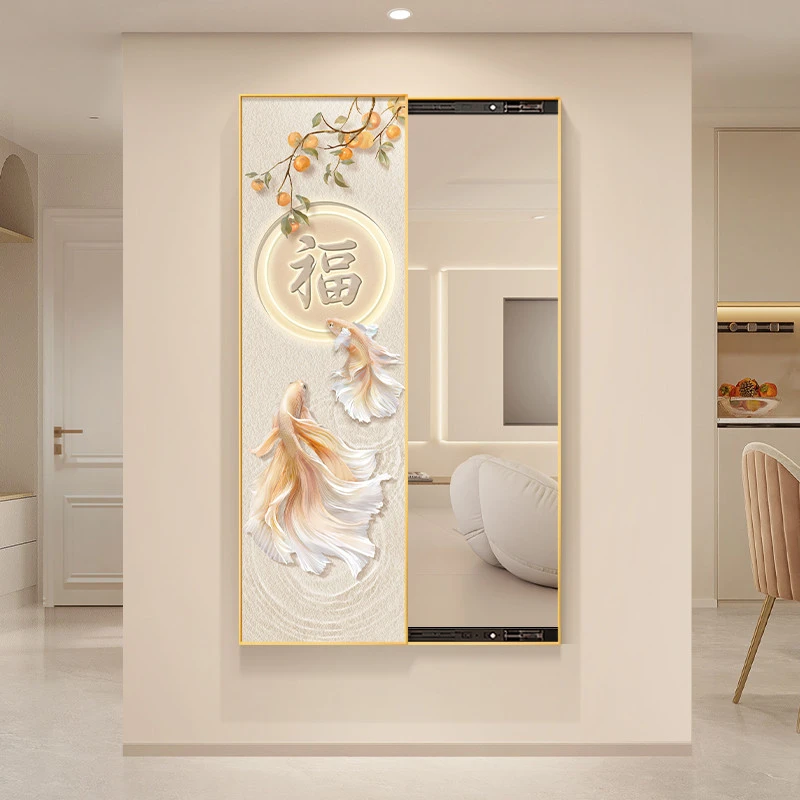 锦鲤隐形穿衣镜壁画新中式福字钟表镜隐藏式可推拉全身镜玄关挂画