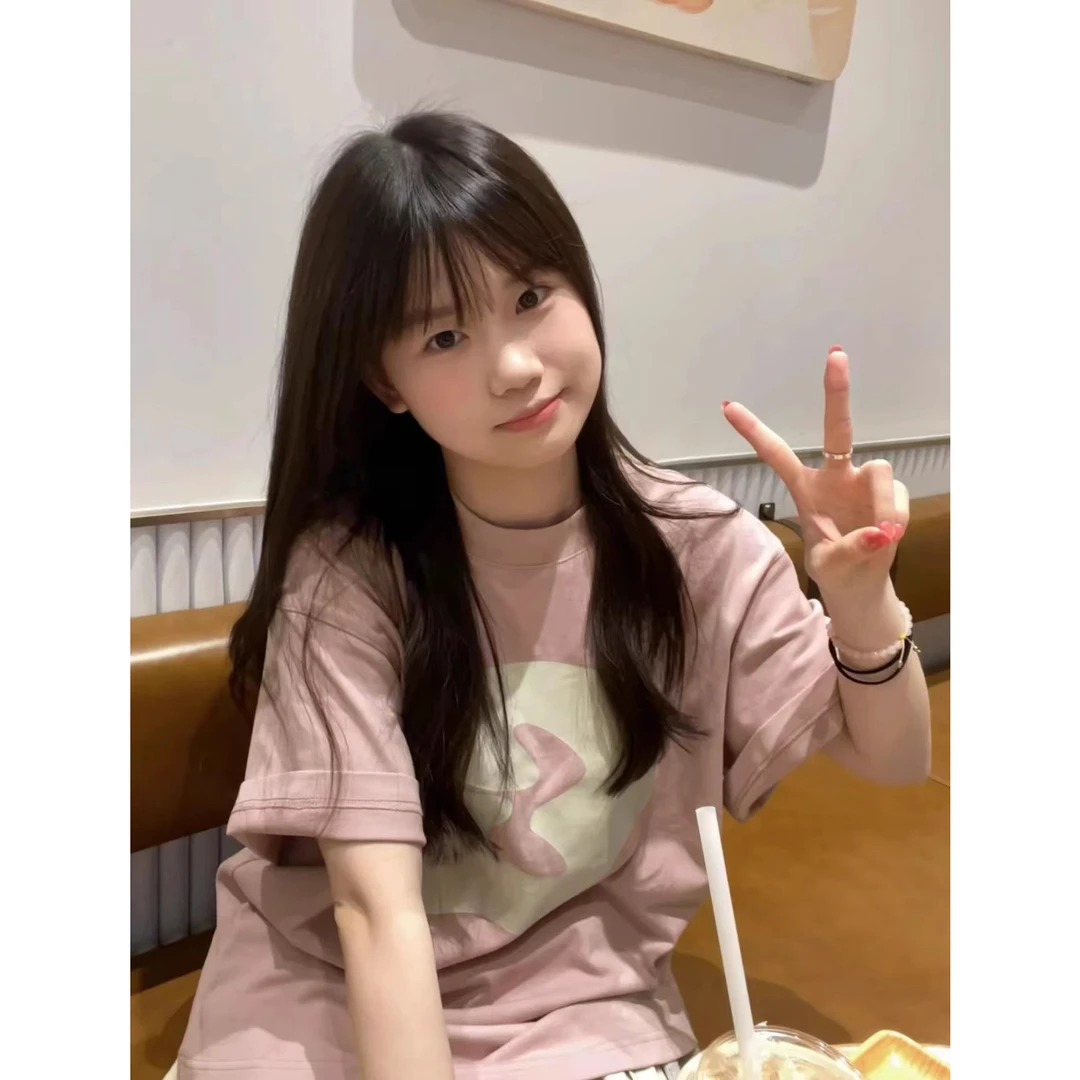 纯棉美式复古正肩短袖t恤女夏季设计感小众港味chic半袖大版上衣