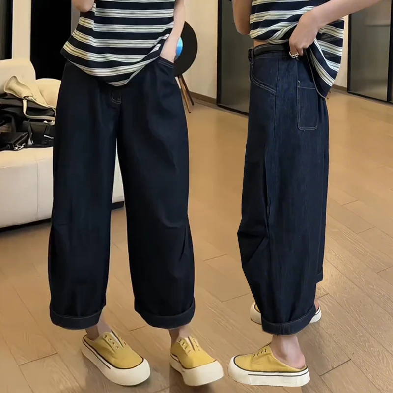 阔腿牛仔裤女宽松哈伦裤夏大码直筒裤梨型身材高腰显瘦九分萝卜裤