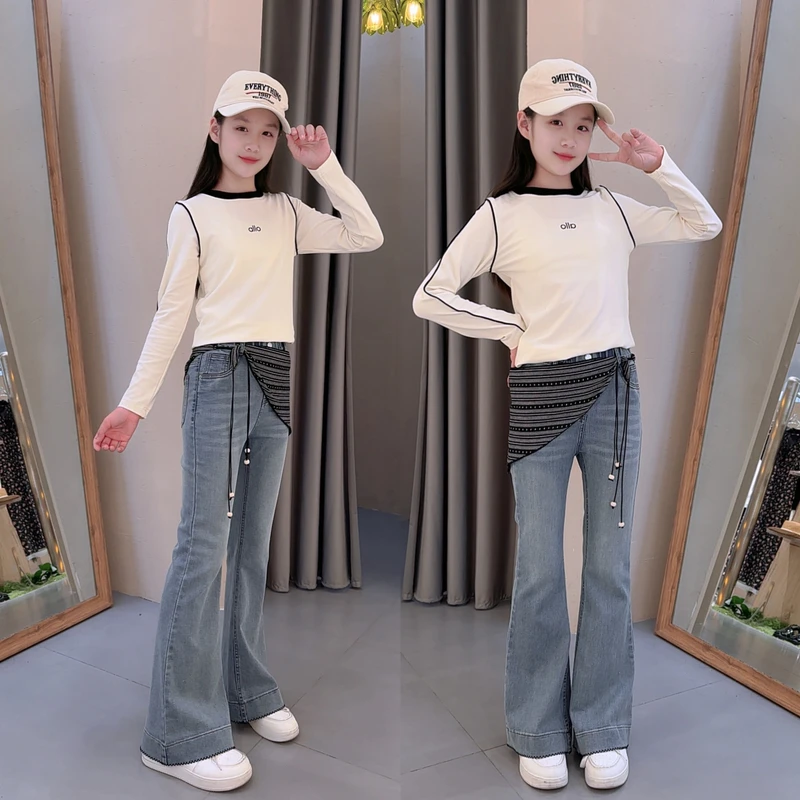 女童裤子春秋2025新款儿童洋气时髦牛仔裤中大童秋季弹力喇叭裤潮