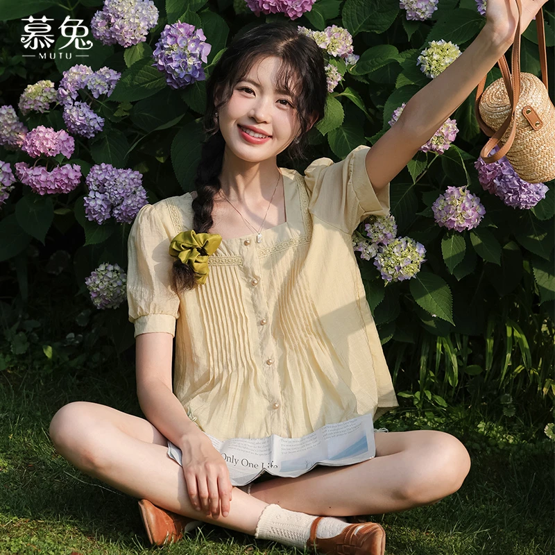 慕兔法式复古方领短袖衬衫女2025夏季新款独特别致设计感小众上衣