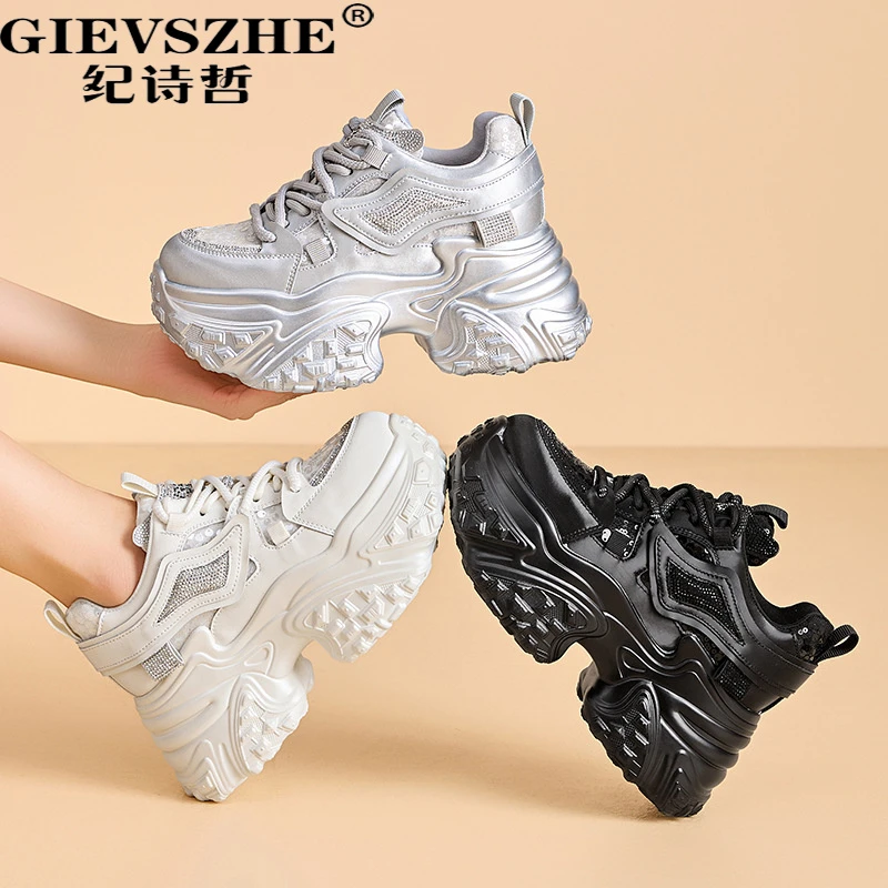 GIEVSZHE纪诗哲银色增高厚底老爹鞋女新款秋冬休闲运动小白鞋松糕