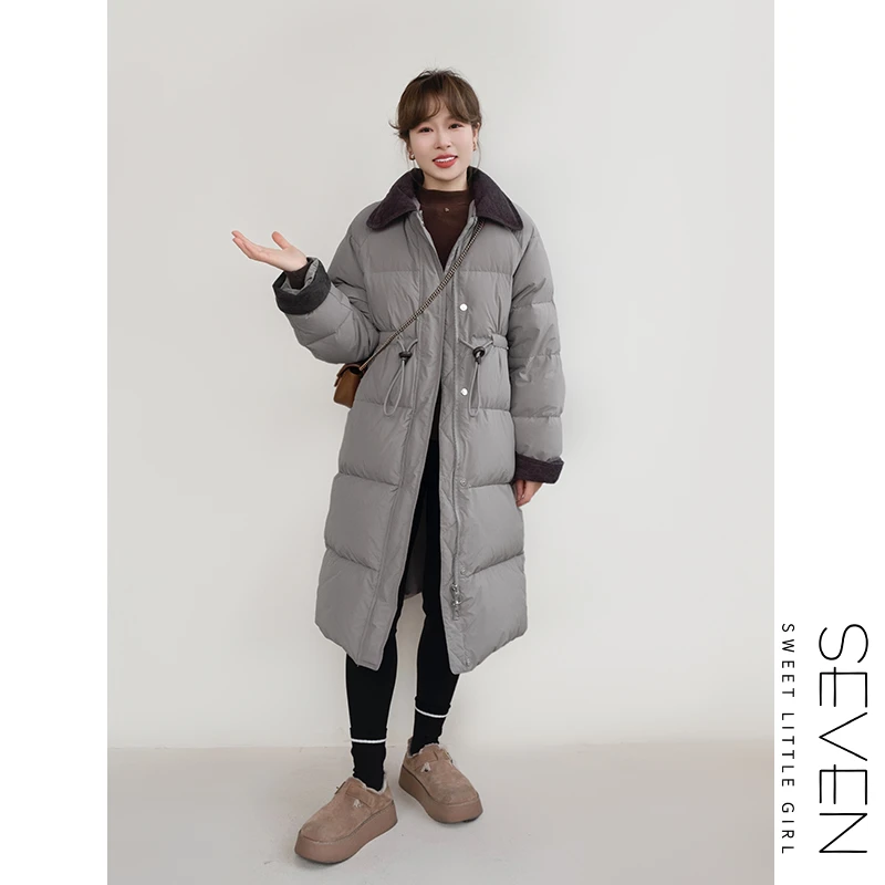 18③七七146小个子冬季翻领撞色90白鸭绒中长款羽绒服女小美说