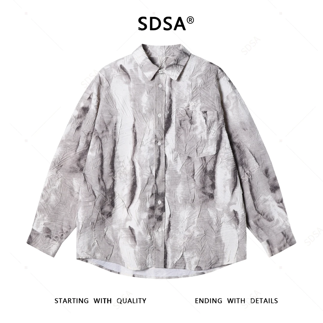 SDSA男士秋冬新款痞帅男装韩版渐变褶皱翻领长袖衬衫时尚百搭衬衣