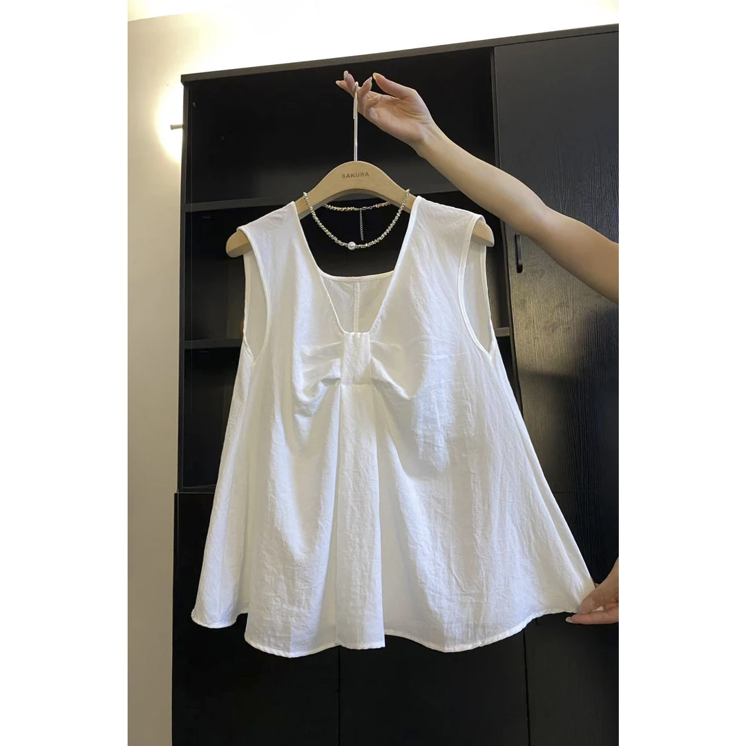 璎婲sᴀᴋᴜʀᴀ【夏日柔风】媛韩版夏季纯色甜美设计感蝴蝶结无袖衬衫