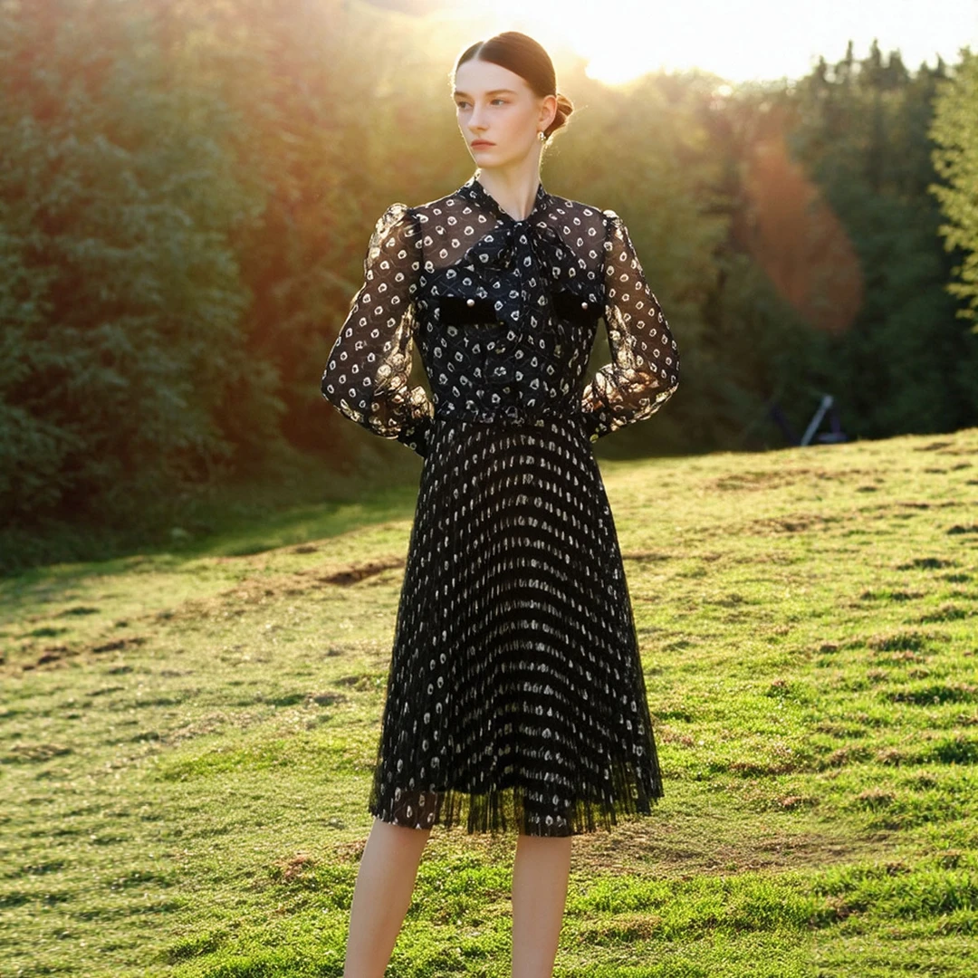 专柜同款【S彩】气质碎花格纹系带收腰显瘦连衣裙 SC1765