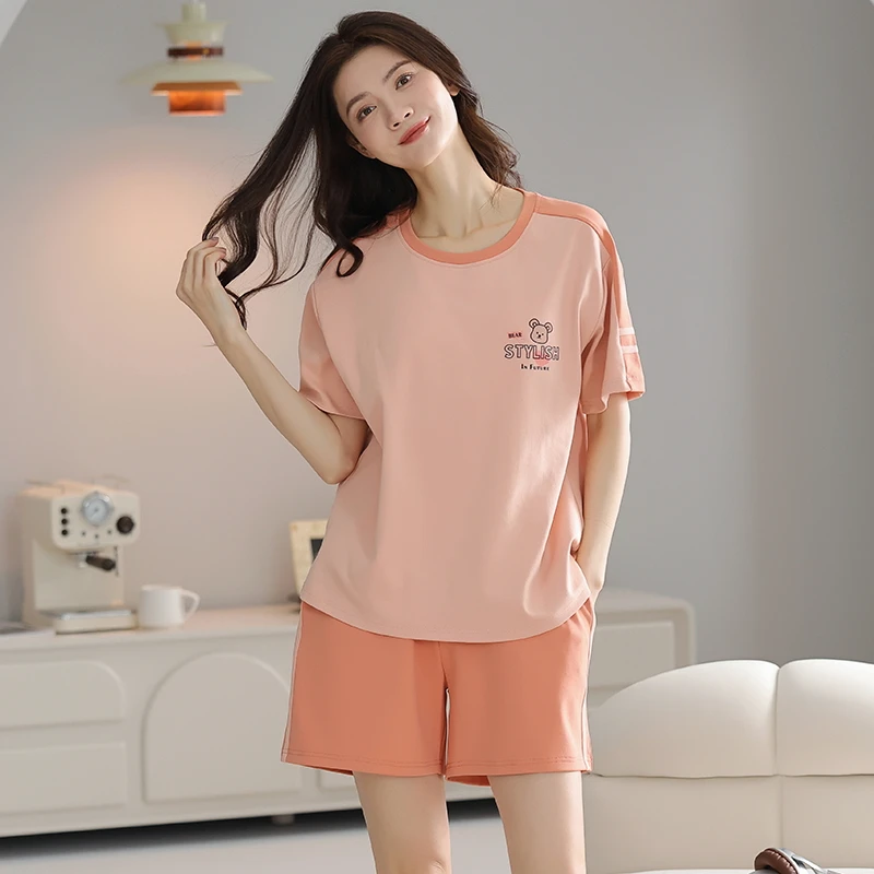 睡衣女纯棉全棉夏季薄款简约学生宽松大码女士可外穿家居服套装