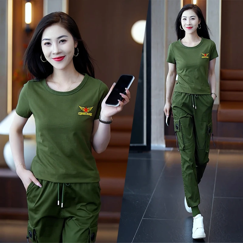工装迷彩服套装女夏季新款大码圆领短袖洋气长裤百搭休闲两件套潮